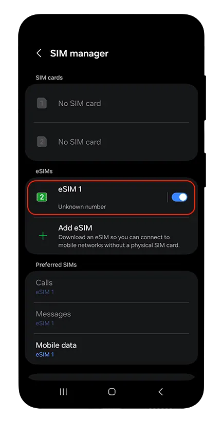 Turn on the eSIM and select it for mobile data